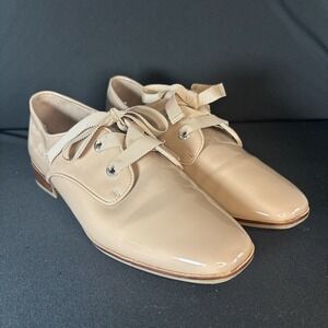 Women's Aldo Squared Toe Patent Leather Beige Oxyfords, Ribbon Lace, Size 9